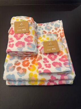 6pc DEBORAH CONNOLLY Multi Leopard Animal Print Bath Towel Set - White Pastel